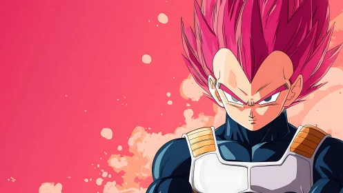 Intense magenta‑haired warrior in stylized anime armor.