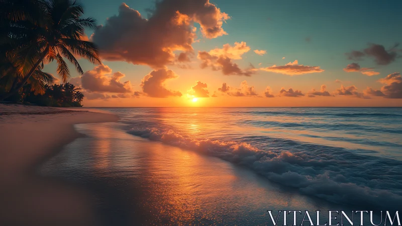Sunset horizon aligns over calm tropical shoreline waves