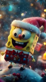 Cartoon sponge character wears Santa hat in snowy scene