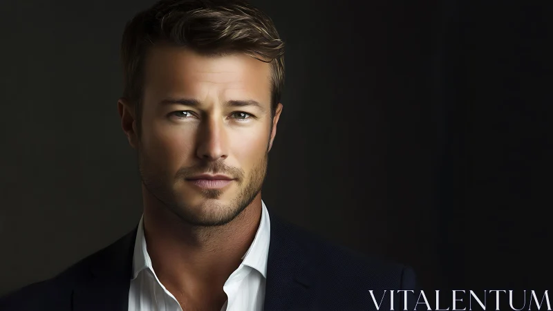 Studio headshot renders a confident male subject in chiaroscuro