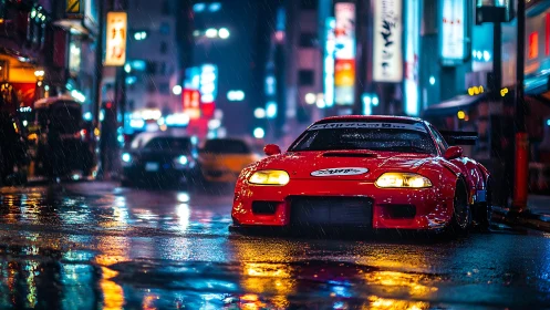 Neon rain crowns a crimson street racer in midnight traffic