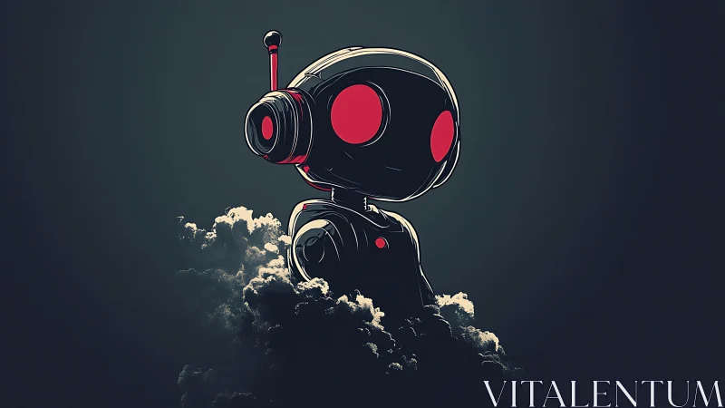Stylized robot figure is rendered above dense cloud layer