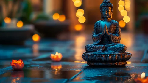 Buddha statue sits on wet stone surface with candle lights
