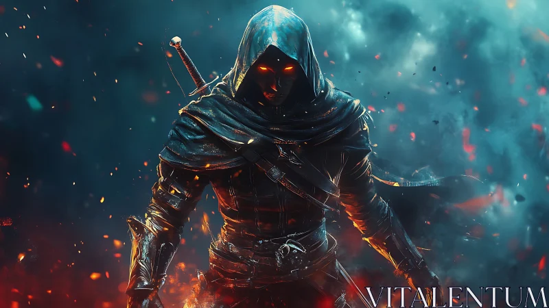 Hooded ember knight steps from smoky shadows of battle.