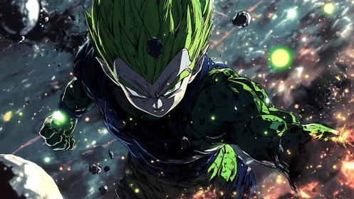 Cosmic green warrior rips through burning meteor storm in fury.