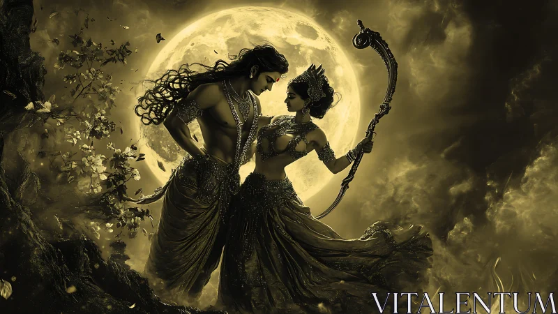 Mythic lovers in moonlit celestial storm with golden haze.