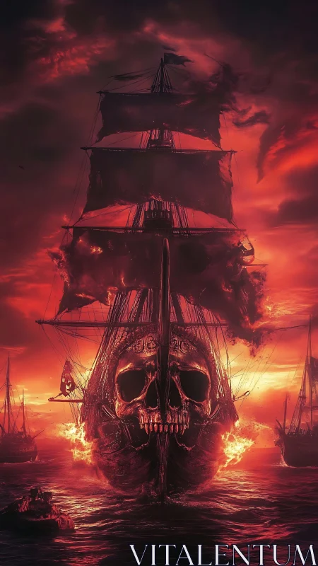 Skull-prowed ghost ship stalks a blood-red burning sea