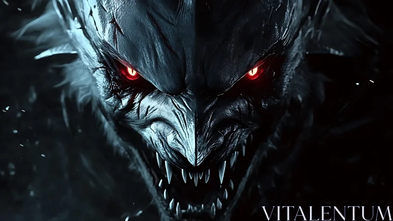 Ferocious demon face glows with red eyes in dark void