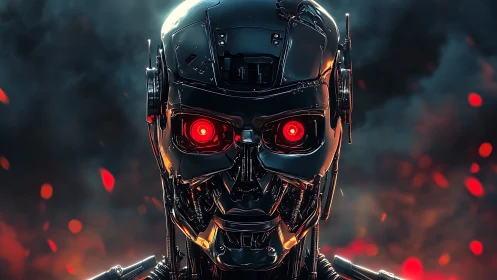 Cybernetic skull with glowing red eyes amid embers.