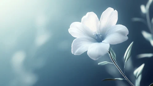 White flower with visible stamens against blue blurred background.