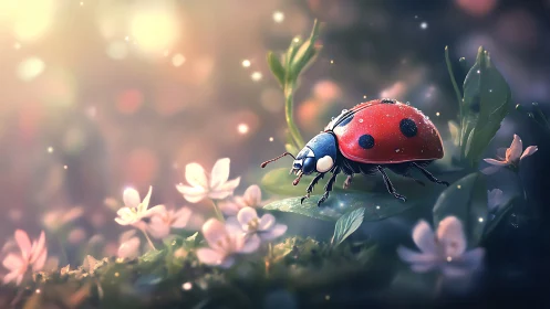 Ladybird macro on dewy leaf in luminous bokeh garden.