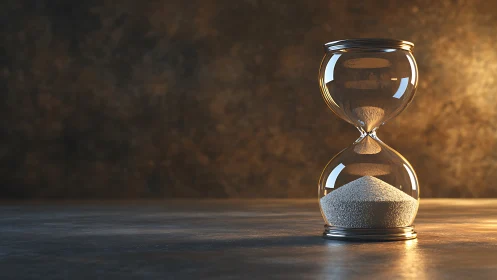 Glass hourglass with sand on textured surface at dusk.