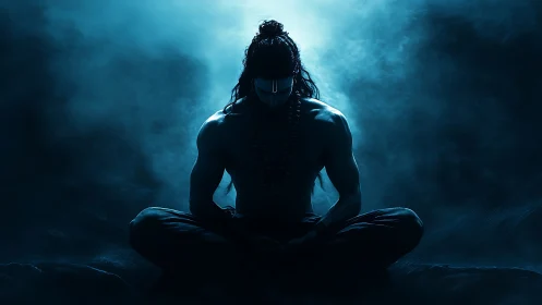 Mythic yogi silhouette in cyan backlight meditation glow.