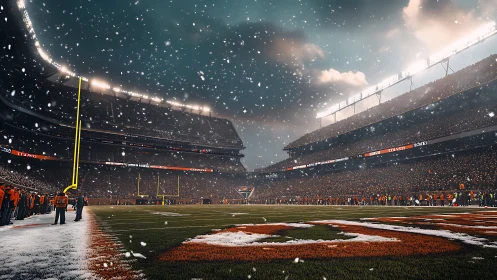Snowstorm kickoff drama under roaring stadium lights.