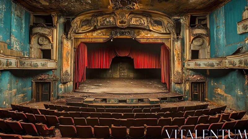 Decaying baroque theater interior with faded red curtain.