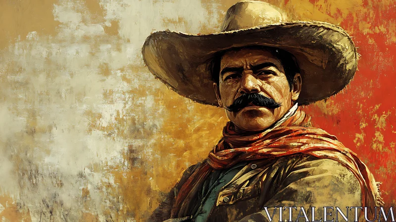 Stoic cowboy portrait against bold textured backdrop.