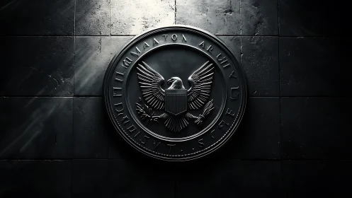 Metallic eagle emblem mounted on dark tiled wall surface