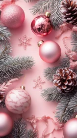 Pink Christmas ornaments with frosted pine branches layout