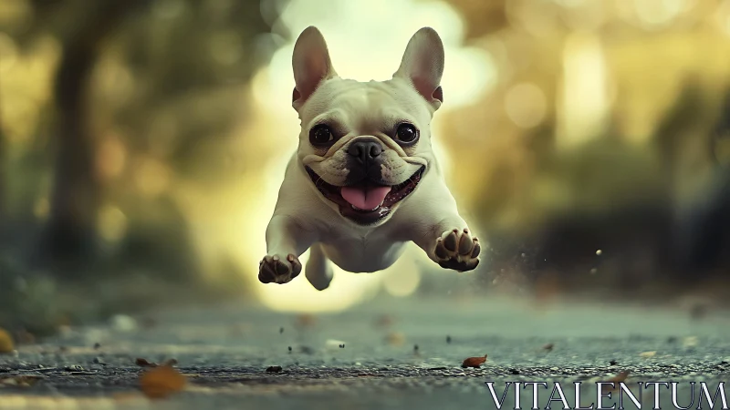 Joyful French bulldog bounds down leafy path at sunset.