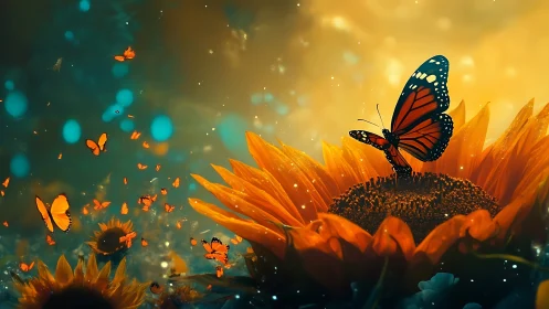Digital painting of monarch butterflies over glowing sunflowers.