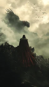 Lone wanderer in crimson cape meets storm-born dragon.