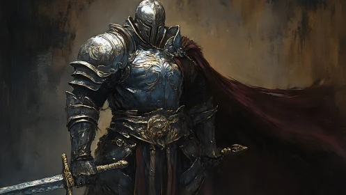 Dark armored knight with sword and crimson cloak stands poised.