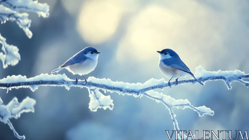 Two Blue Songbirds on a Snowy Branch in Soft Winter Light.