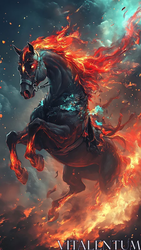 Volcanic warhorse rearing amid plasma-grade inferno skies.