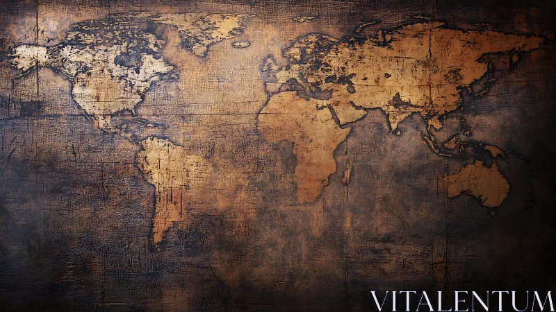 Weathered world map glows against dark textured background.