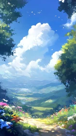 Sunny valley path opening onto bright wildflower meadows.