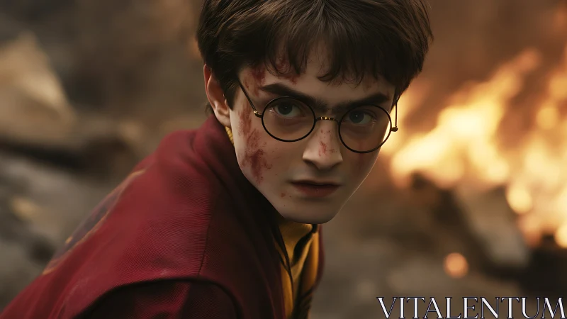 Firelit young wizard steadies his gaze in the storm of sparks.