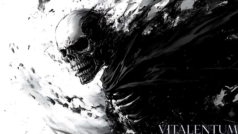 Inkborn reaper erupts from darkness in feral monochrome storm.