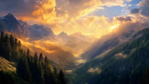 Golden mountain sunrise pouring warmth into misty valley.