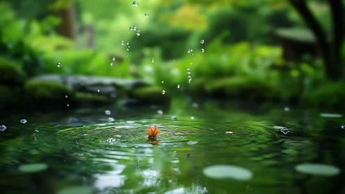 Lotus bud within rippling pond under falling droplets.