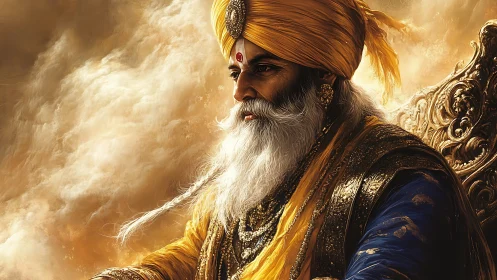 Regal elder in golden turban seated amid luminous clouds.