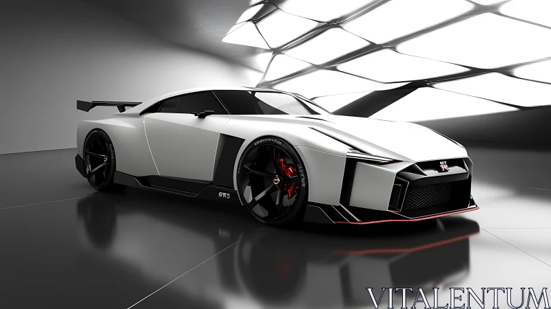 Futuristic white GT sports car waits in a sleek studio glow