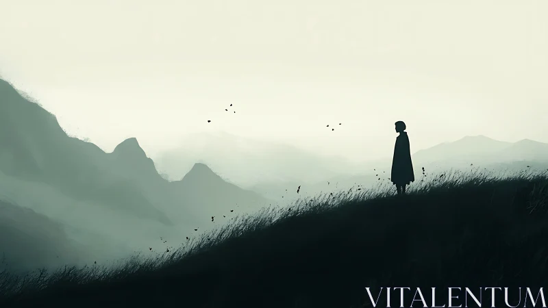 Solitary figure on misty hillside facing distant mountains.