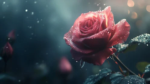 Crimson Rose Adorned with Crystalline Dewdrops in Soft Twilight Glow