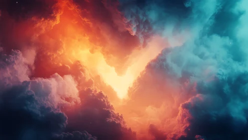 Clouds frame vivid central light in colorful digital sky