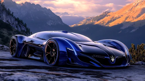 Aerodynamic hypercar prototype in alpine sunset environment.