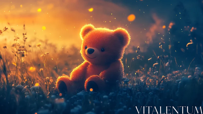Cute orange teddy bear in glowing sunset meadow scene.