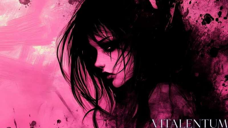 High-contrast magenta portrait with grunge ink silhouette profile