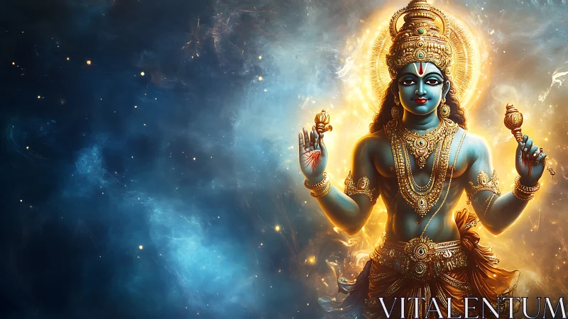 Celestial blue deity radiates golden light amid cosmic void.