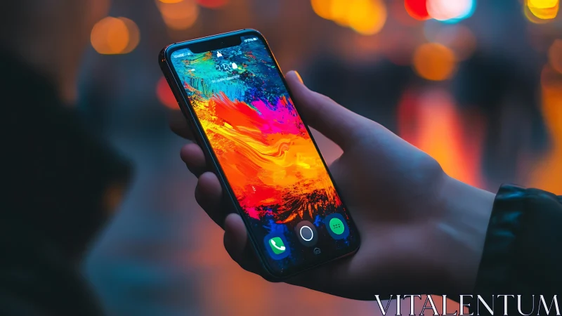 Vibrant smartphone screen glows against a blurred city night