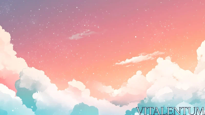 Pastel sunset sky with fluffy clouds and soft stars.