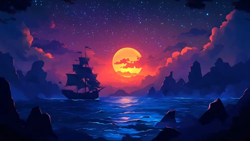 Celestial-lit galleon sailing through neon twilight seascape
