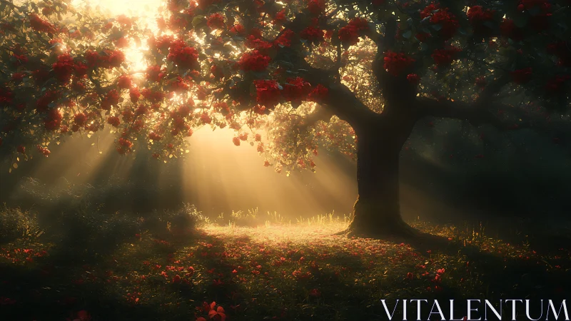 Digital painting of sunlit flowering tree with cinematic glow.