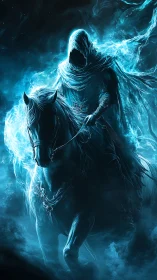 Hooded spectral rider on dark horse in blue ethereal mist.