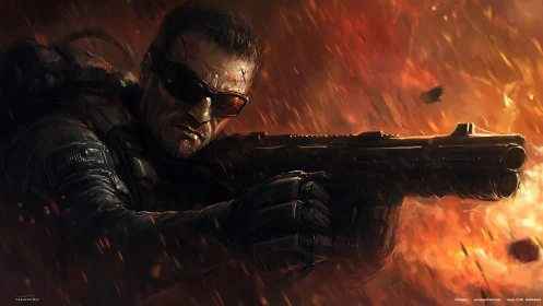 Battle-hardened soldier aiming shotgun amid inferno.