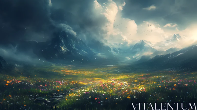 Mountain valley meadow under shifting storm and sunlight.